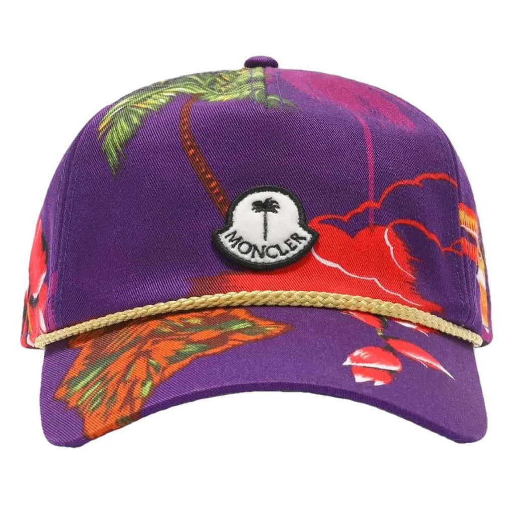 Moncler x Palm Angels purple Hawaii floral print cotton cap front view with logo

