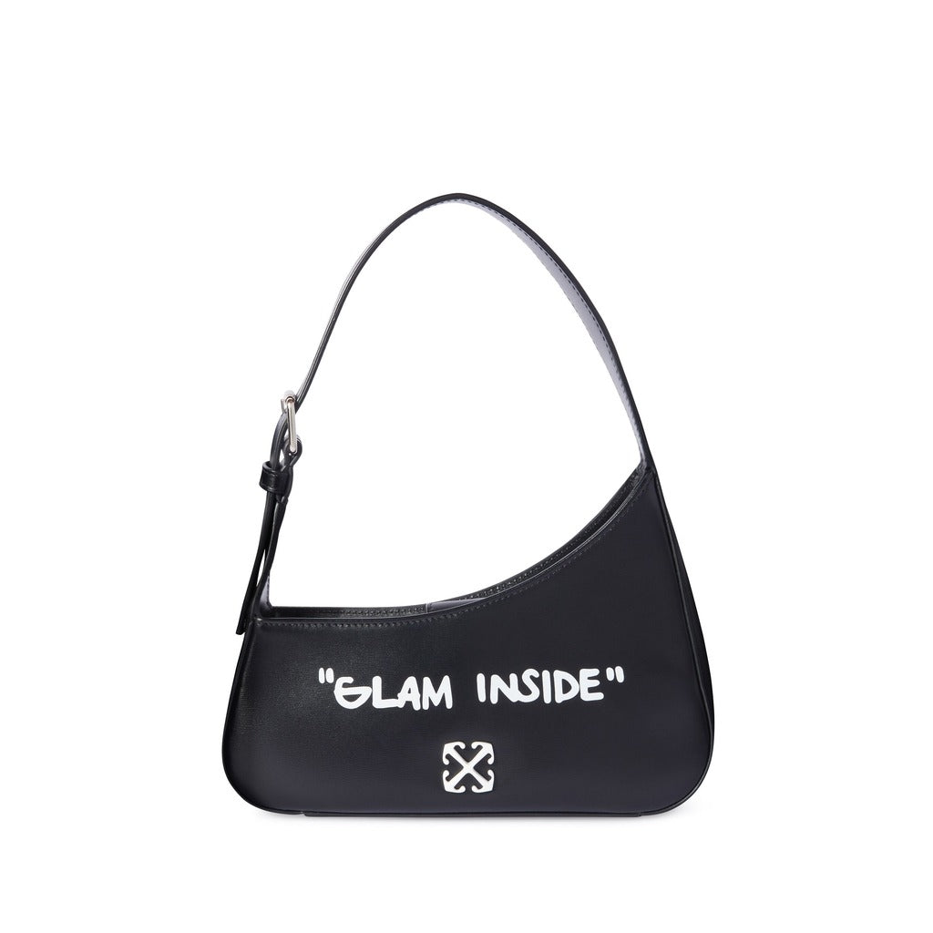 Off-White black leather Jitney quote shoulder bag front view with arrow logo
