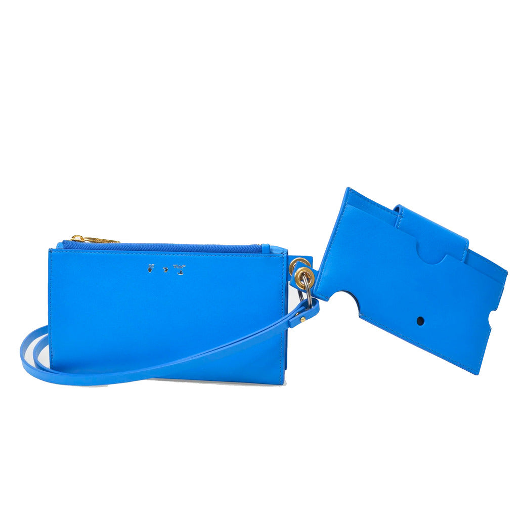 Off-White bright blue leather crossbody shoulder bag front view