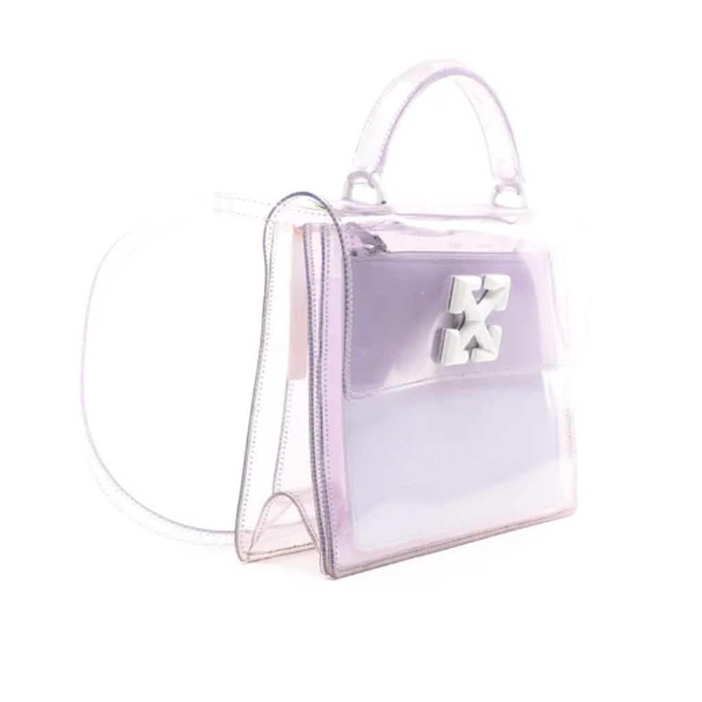 Angled view of the Off-White transparent PVC handbag