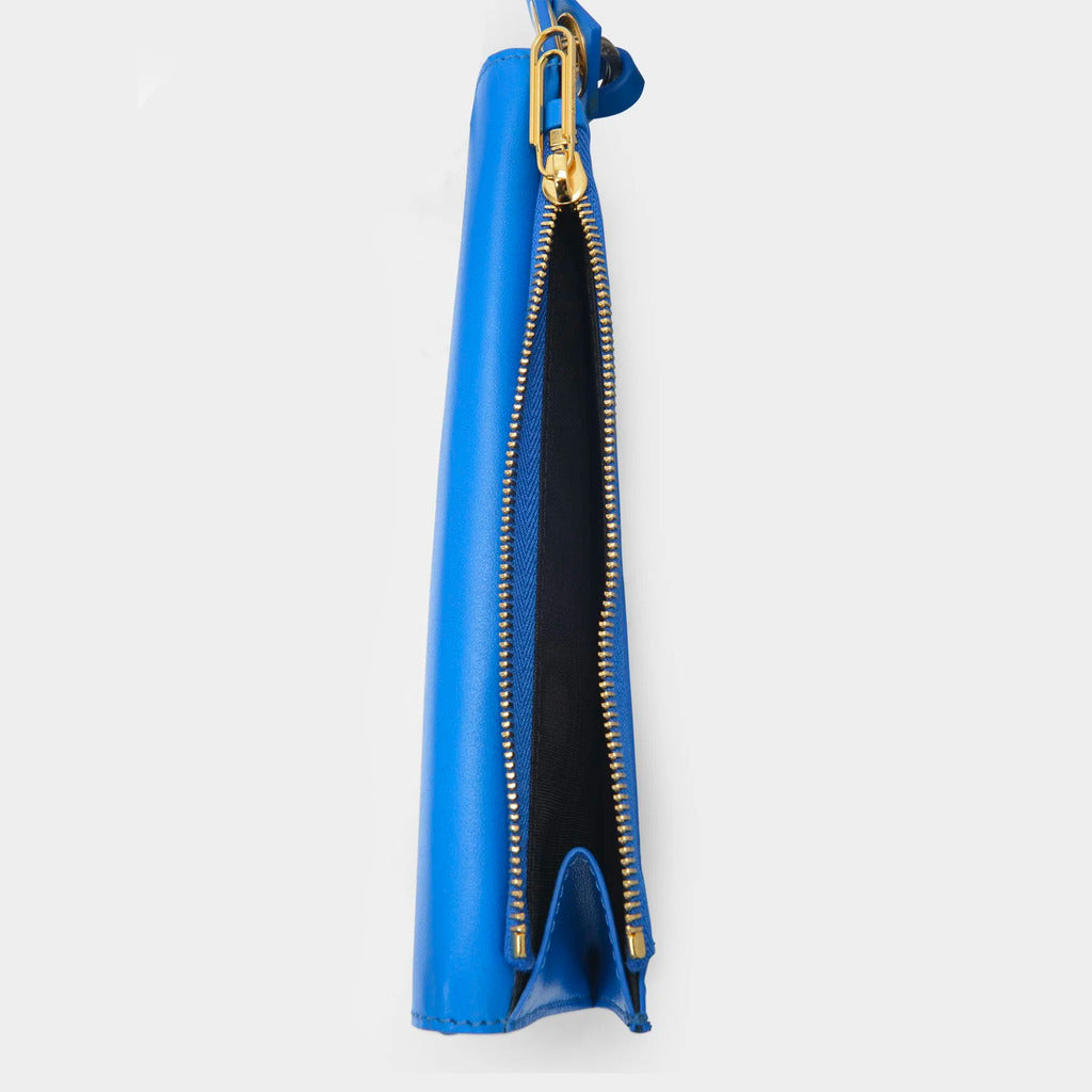 Interior view showing card and phone holder in the Off-White blue leather bag