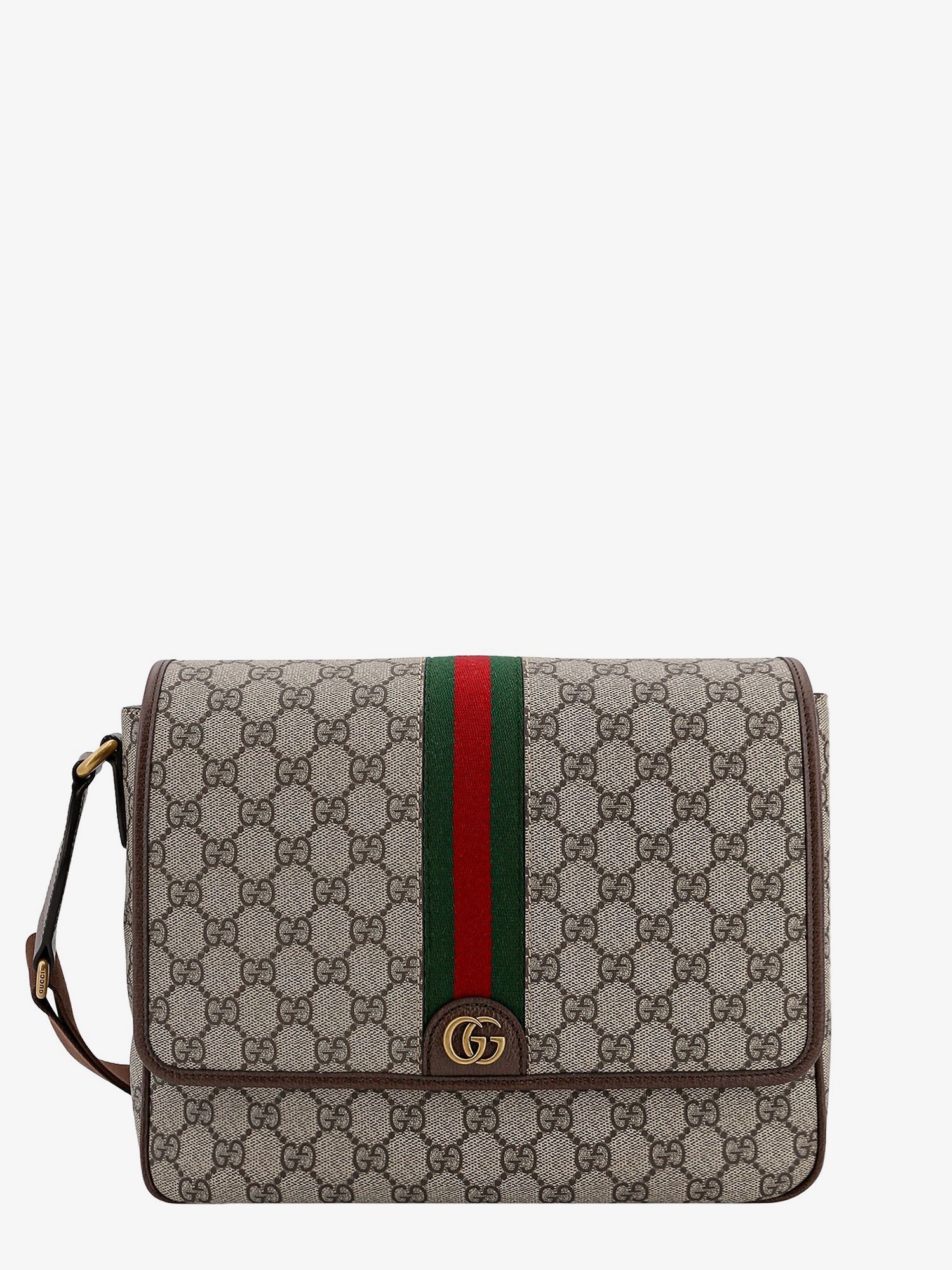Gucci Ophidia gg supreme fabric and leather shoulder strap with iconic web band