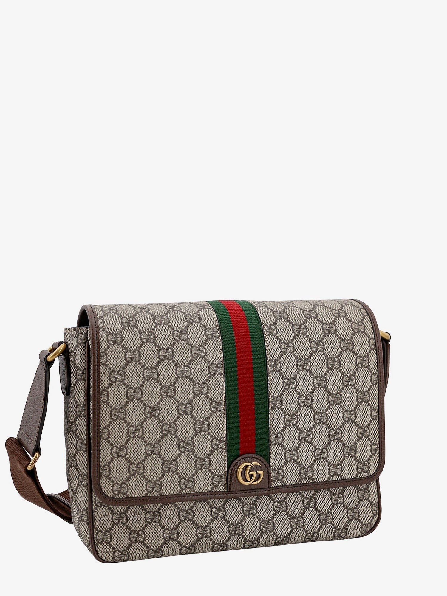Gucci Ophidia gg supreme fabric and leather shoulder strap with iconic web band