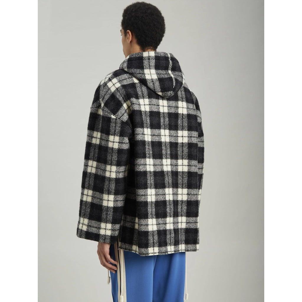 Left side view of the Palm Angels beige and black check cashmere hooded jacket
