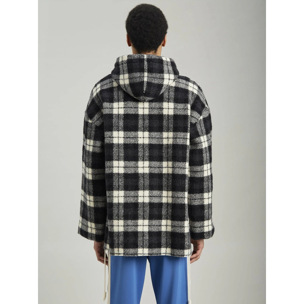 General back view of the Palm Angels beige and black check cashmere jacket
