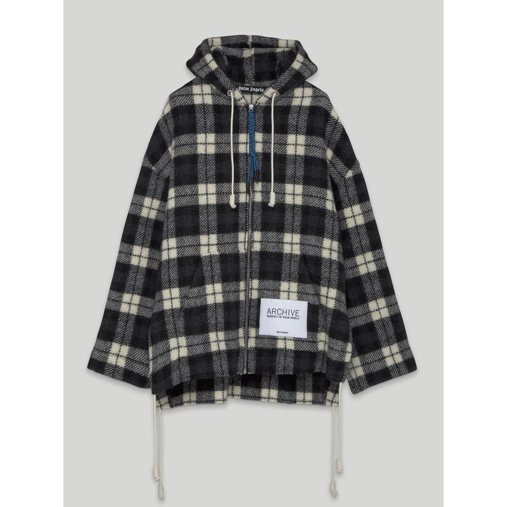 Palm Angels beige and black check cashmere hooded jacket front view
