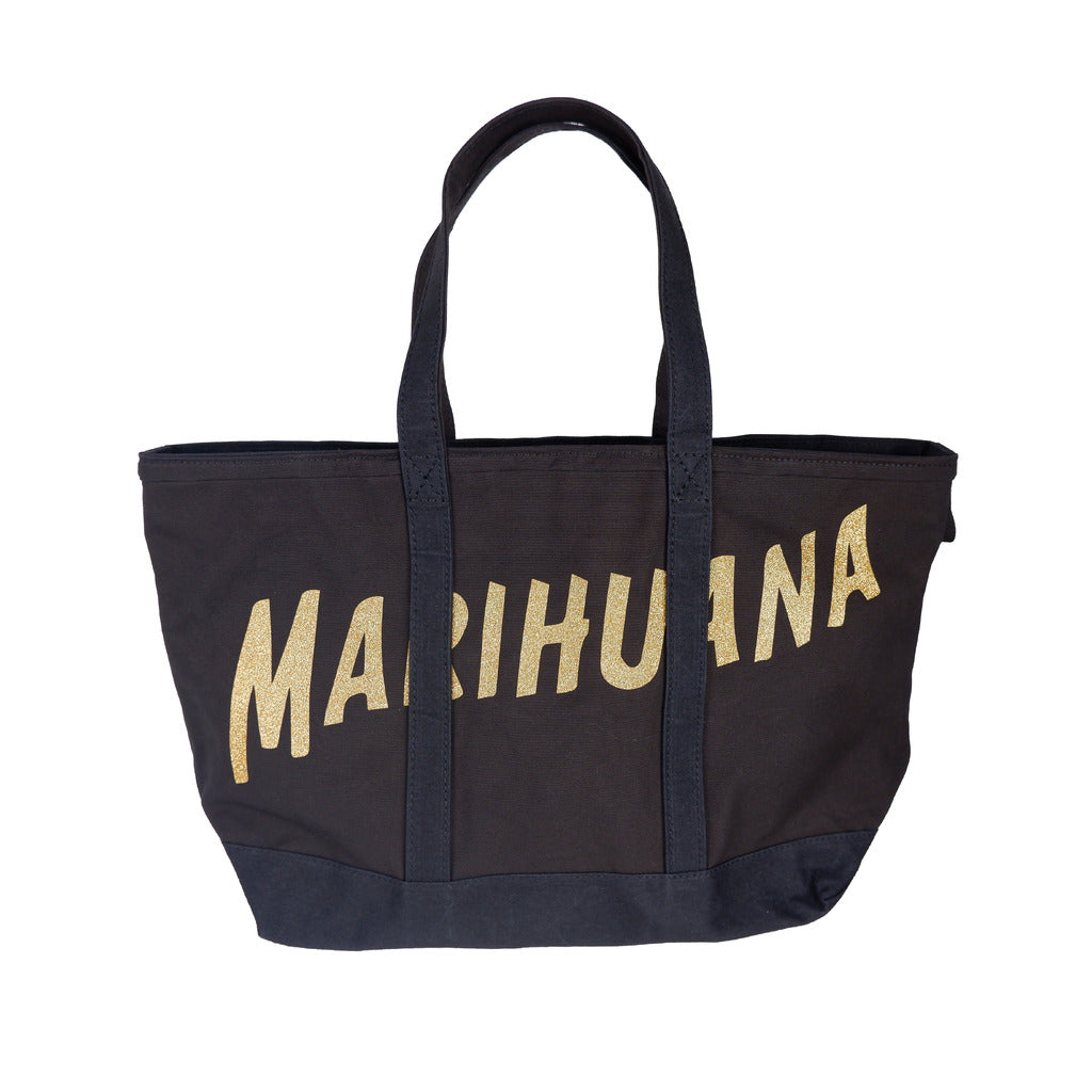 Palm Angels black cotton shopper bag with marijuana leaf design front view
