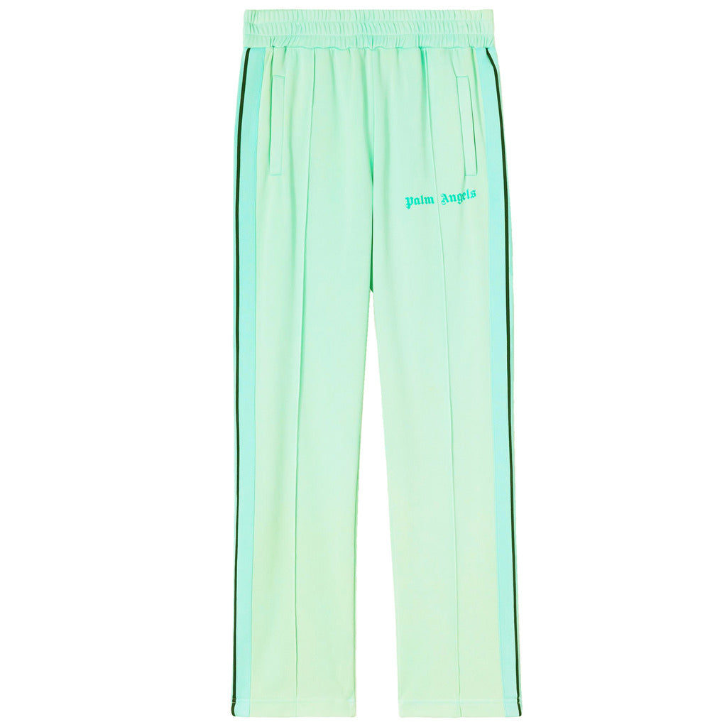 Palm Angels neon green nylon track pants with side stripes front view
