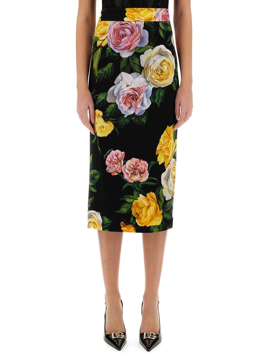 Dolce & Gabbana CHARMEUSE SUKNĚ LONGUETTE S POTISKEM PIVOŇEK A RŮŽÍ