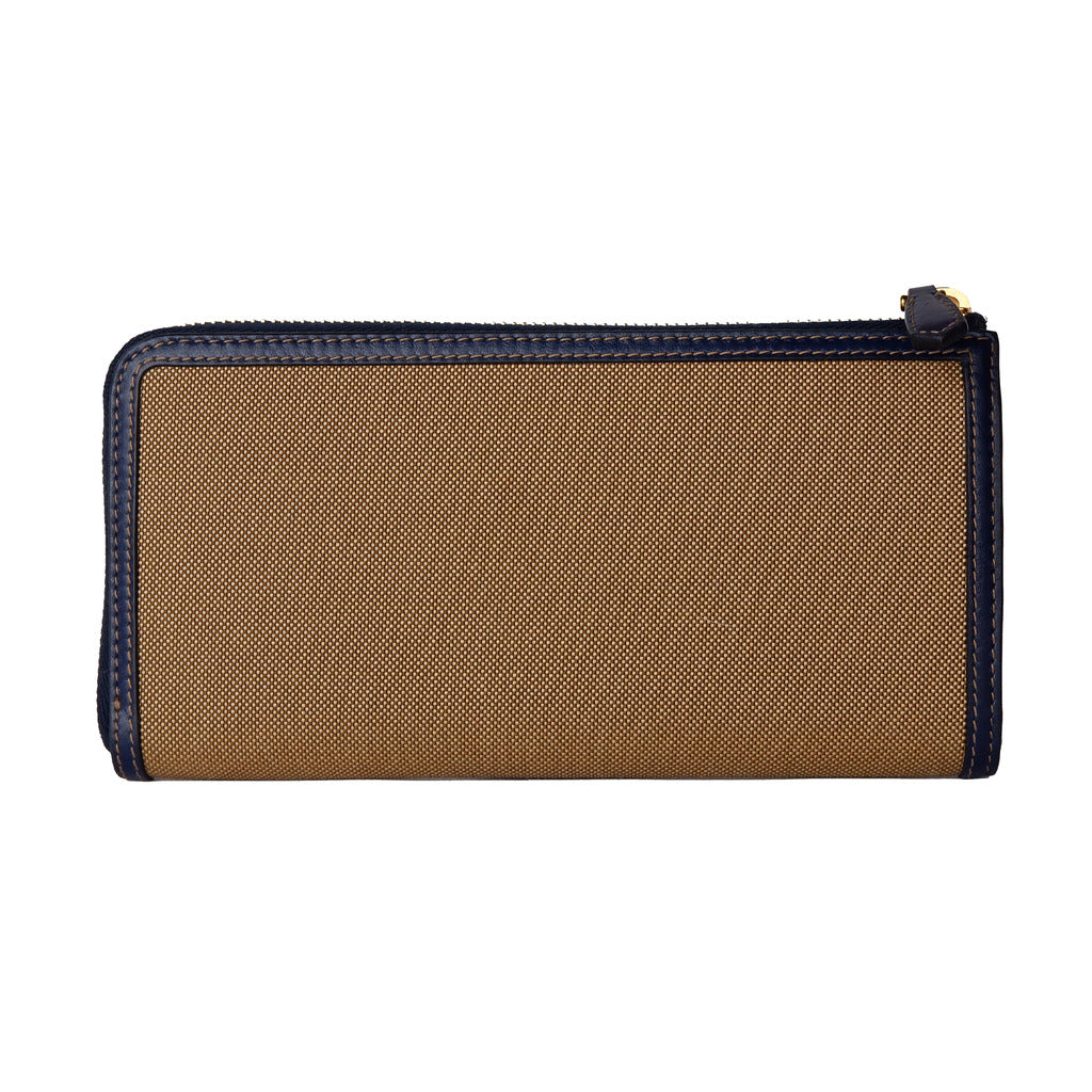 Back view of the Prada brown and blue canvas and leather zip wallet
