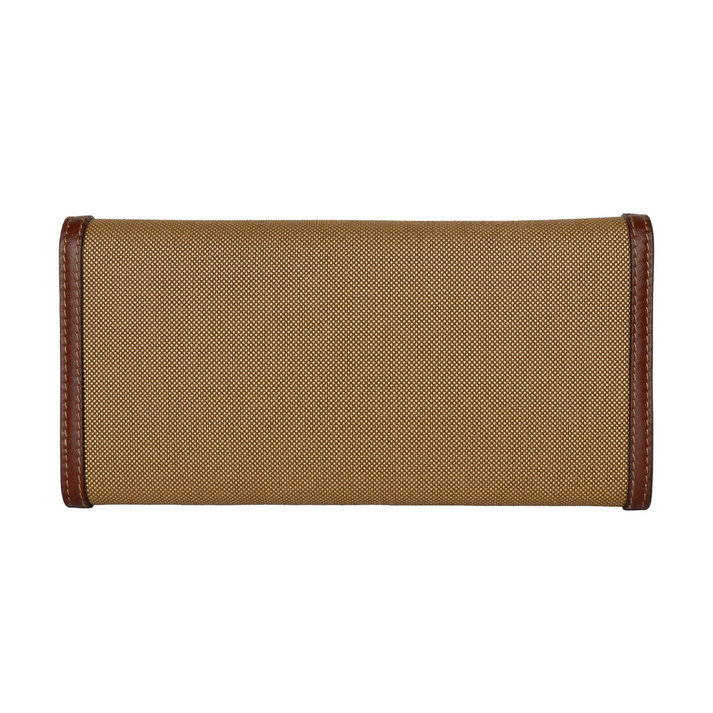 Prada flap wallet in rope and burnt brown canvas and leather front view
