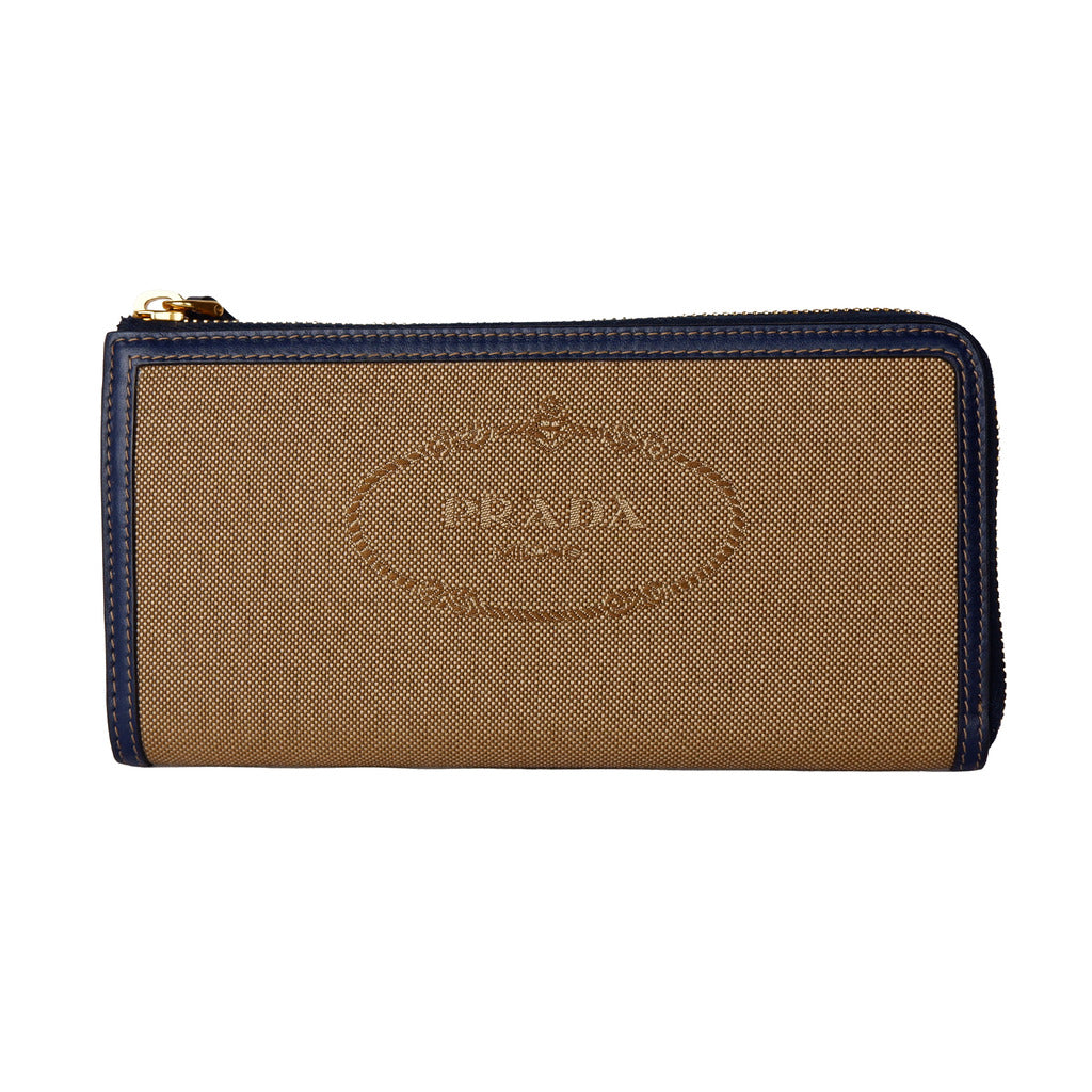 Prada brown and blue canvas and leather zip wallet front view
