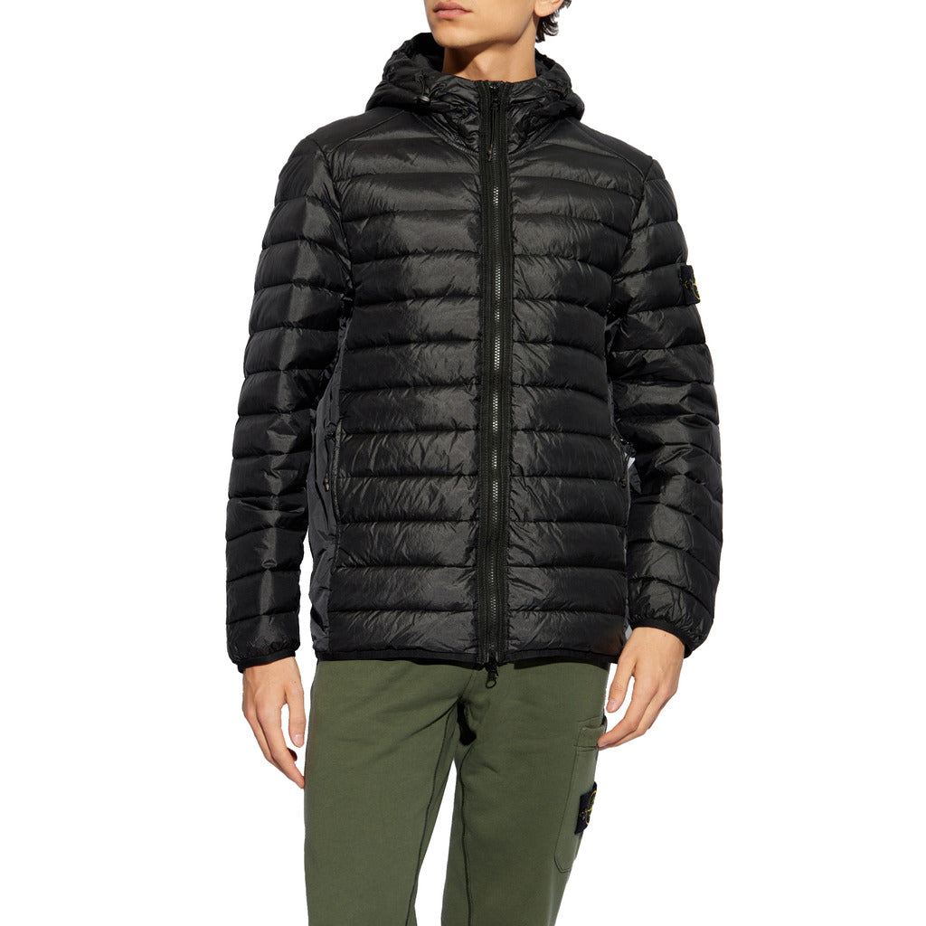 Model wearing the Stone Island black Compass-logo hooded down jacket, regular fit.