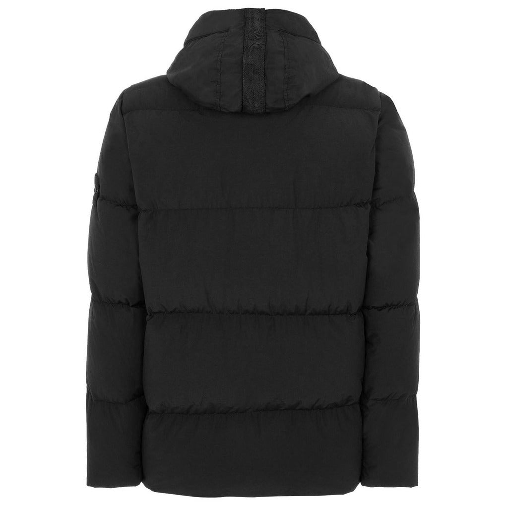 Back view of the Stone Island black hooded down puffer jacket