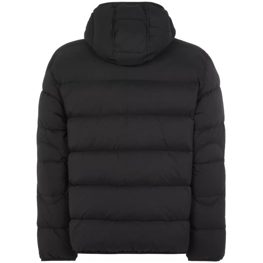 Back view of the Stone Island black seamless tunnel down hooded puffer jacket.
