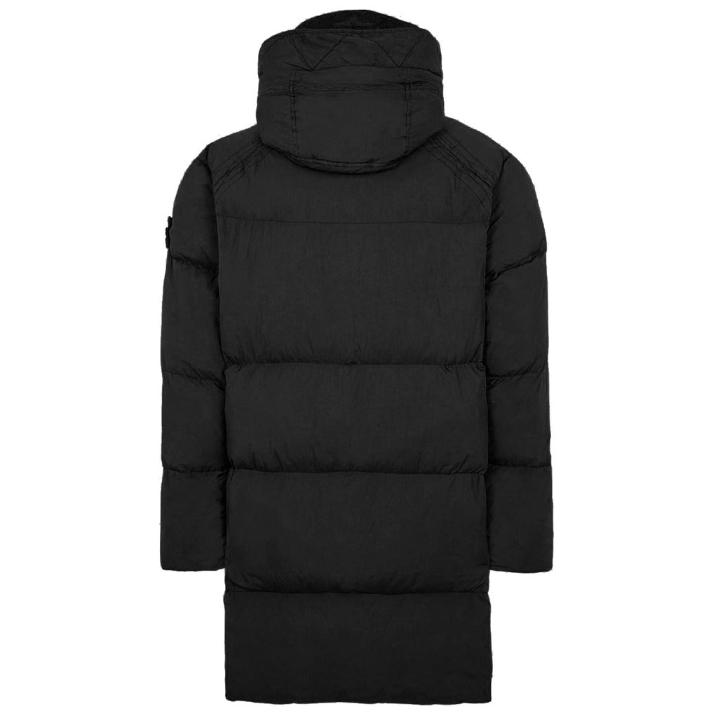 Back view of the Stone Island long black down-filled parka.
