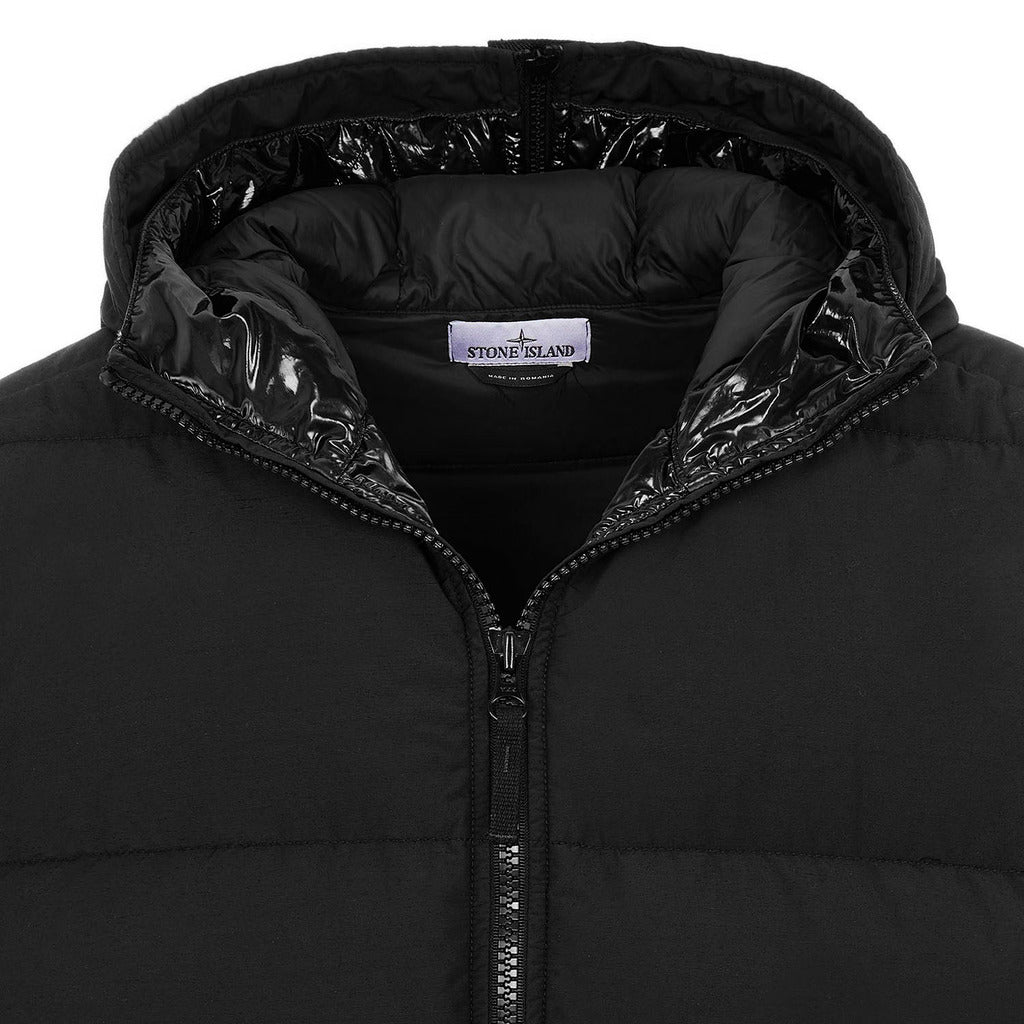 Zippered side pocket detail on the Stone Island black nylon down jacket.

