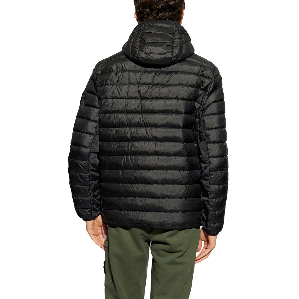 Back view of the Stone Island black nylon hooded puffer jacket