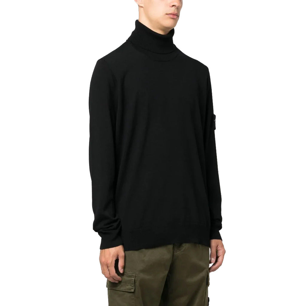 Model wearing the Stone Island black virgin wool turtleneck jumper.
