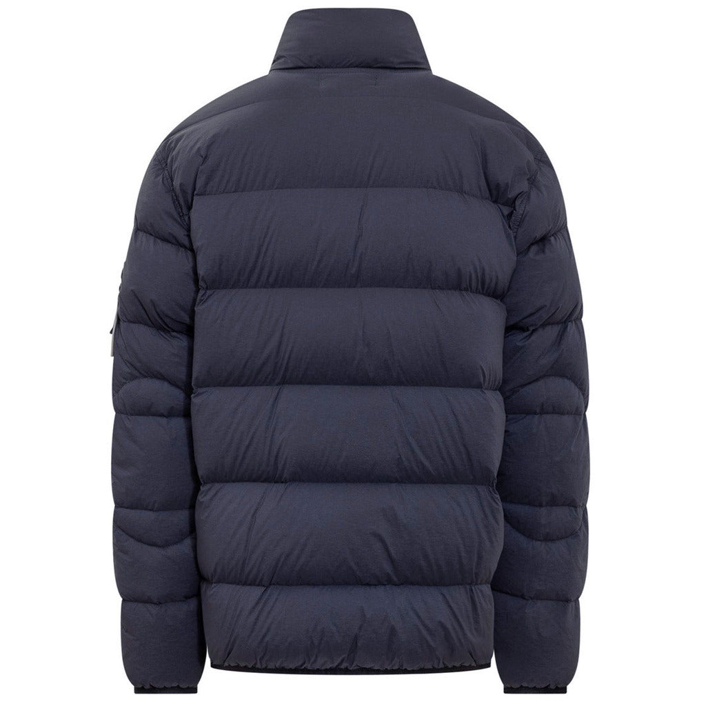 Back view of the Stone Island blue seamless tunnel Down-TC hooded puffer jacket.
