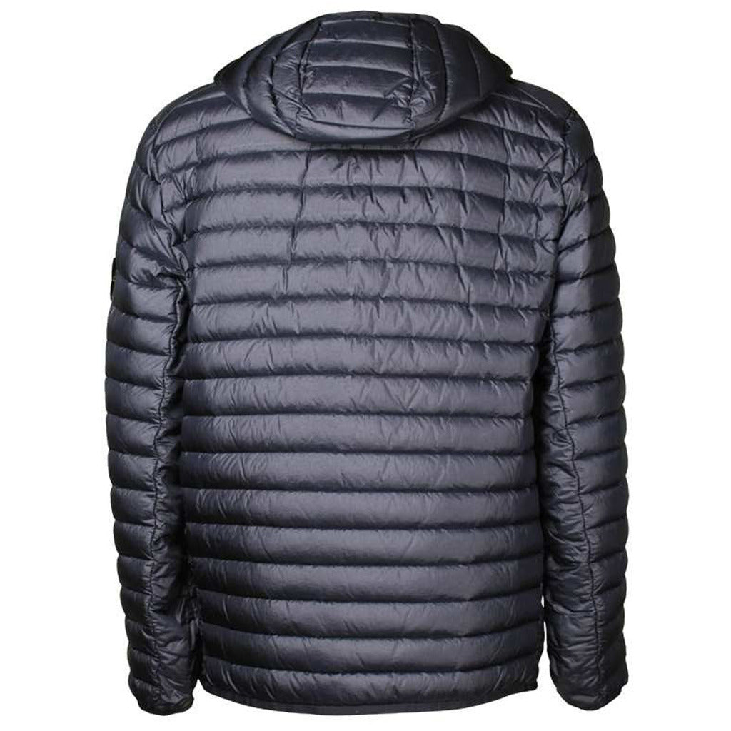 Back view of the Stone Island blue nylon down puffer jacket.
