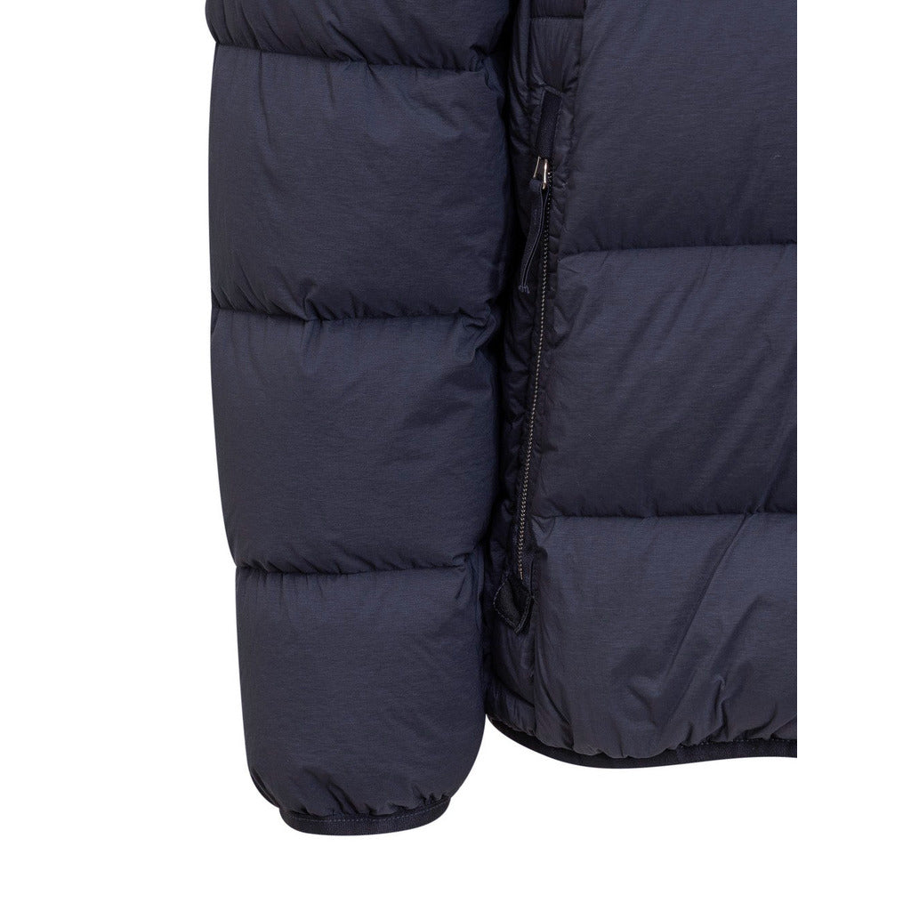 Zippered side pocket detail on the Stone Island blue seamless Down-TC jacket.
