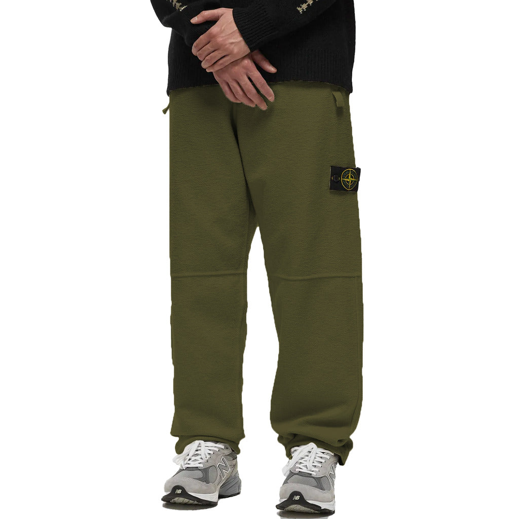 Stone Island green camo cotton blend fleece sweatpants, front view.
