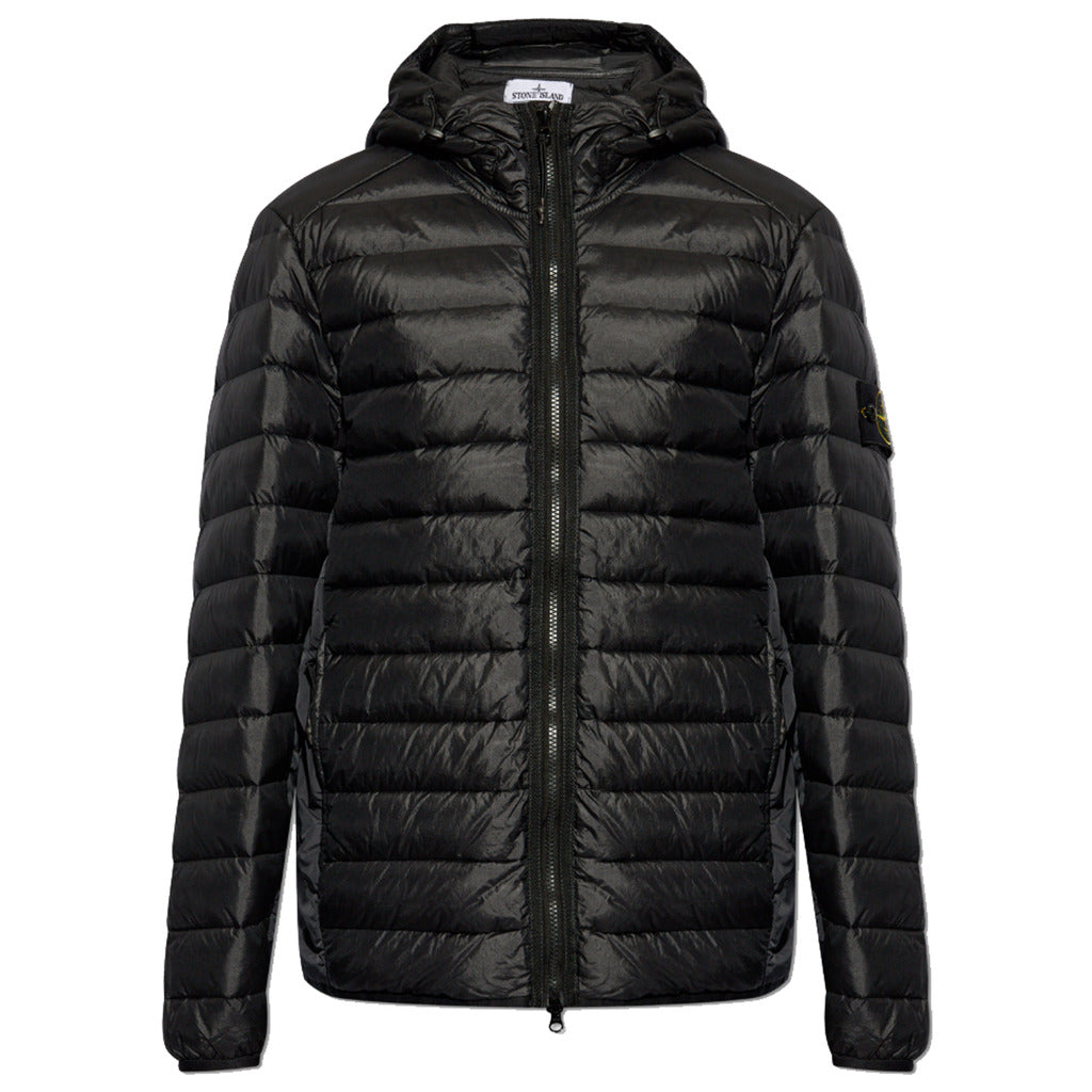 Stone Island black nylon hooded down jacket with Compass logo patch, front view.
