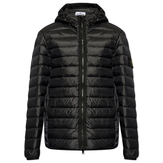 Stone Island black hooded padded down jacket with Compass patch, front view.
