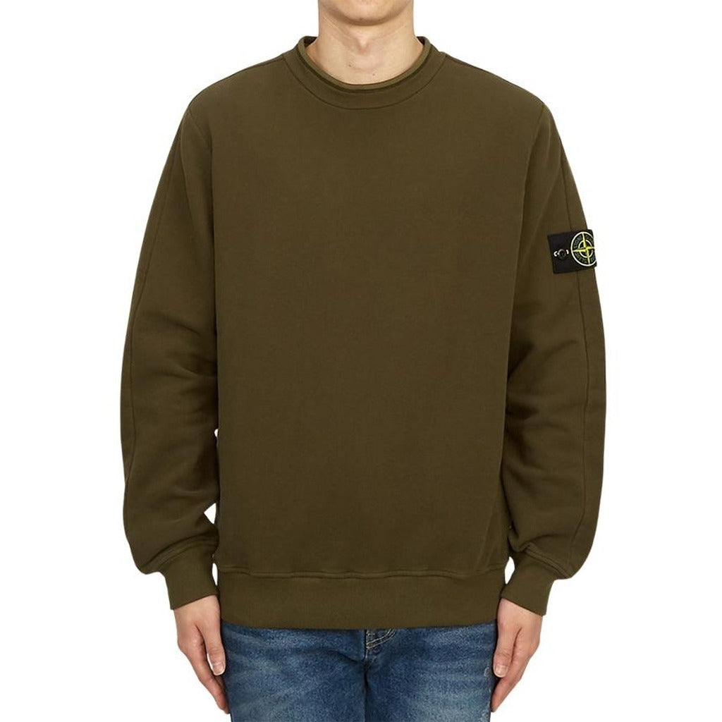 Stone Island olive green cotton blend crewneck sweatshirt, front view.
