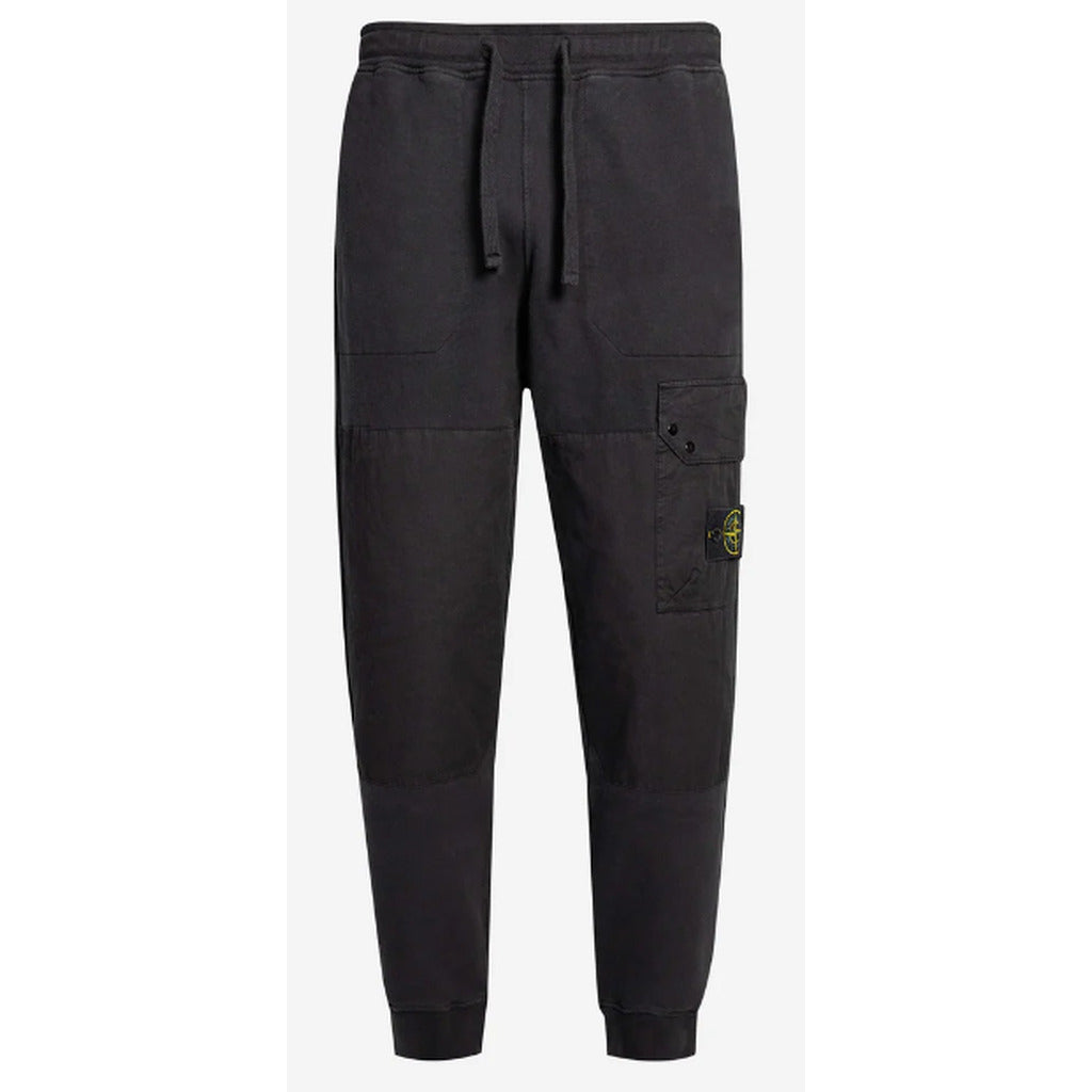 Stone Island black cotton tracksuit sweatpants, regular fit, front view.
