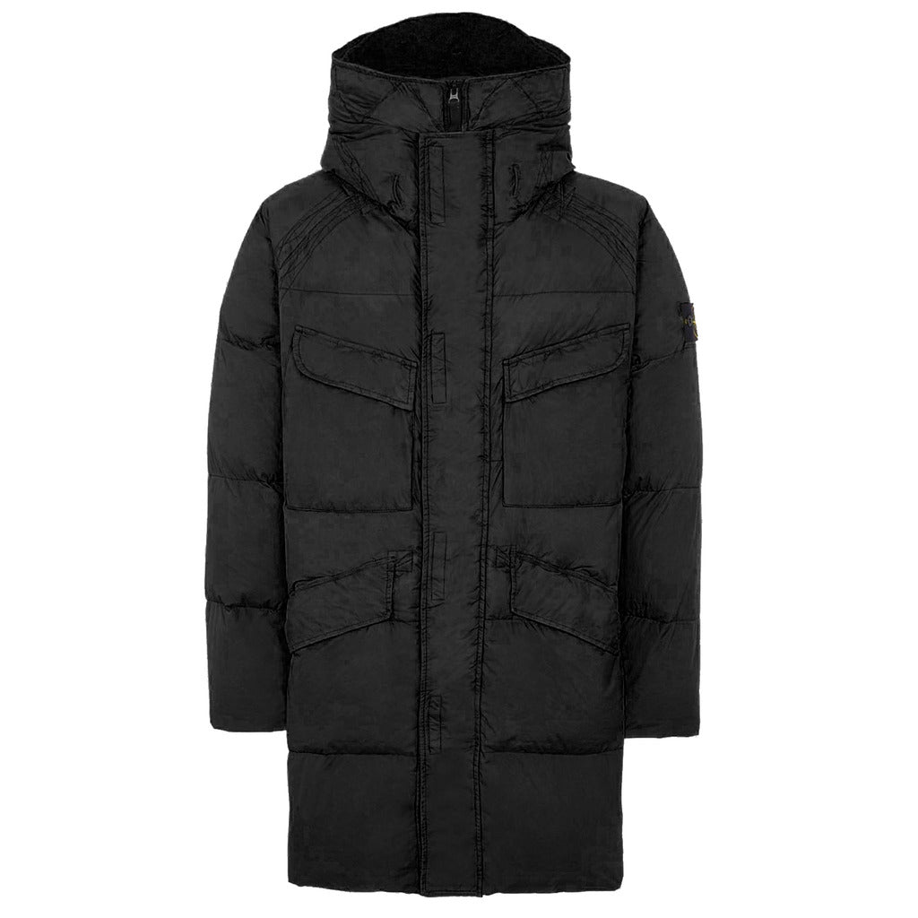 Stone Island black Crinkle Reps long down coat, front view.
