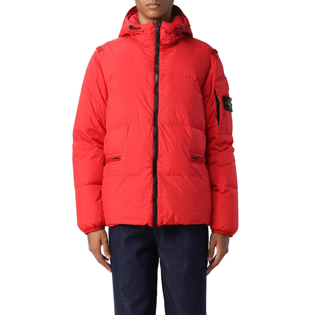Detail of the drawstring hood on the Stone Island red down jacket.
