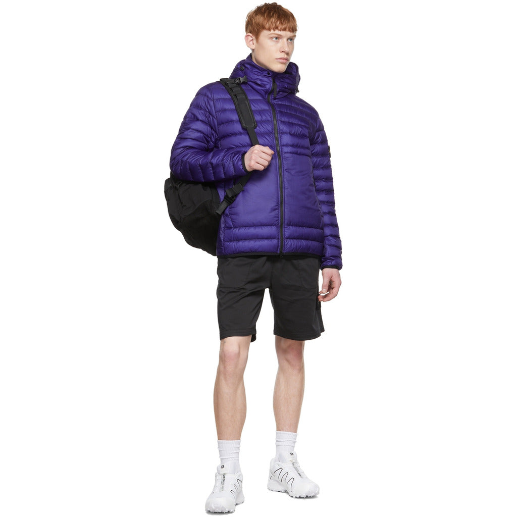 Side zipper pocket detail on the Stone Island purple/blue duck down padded jacket.
