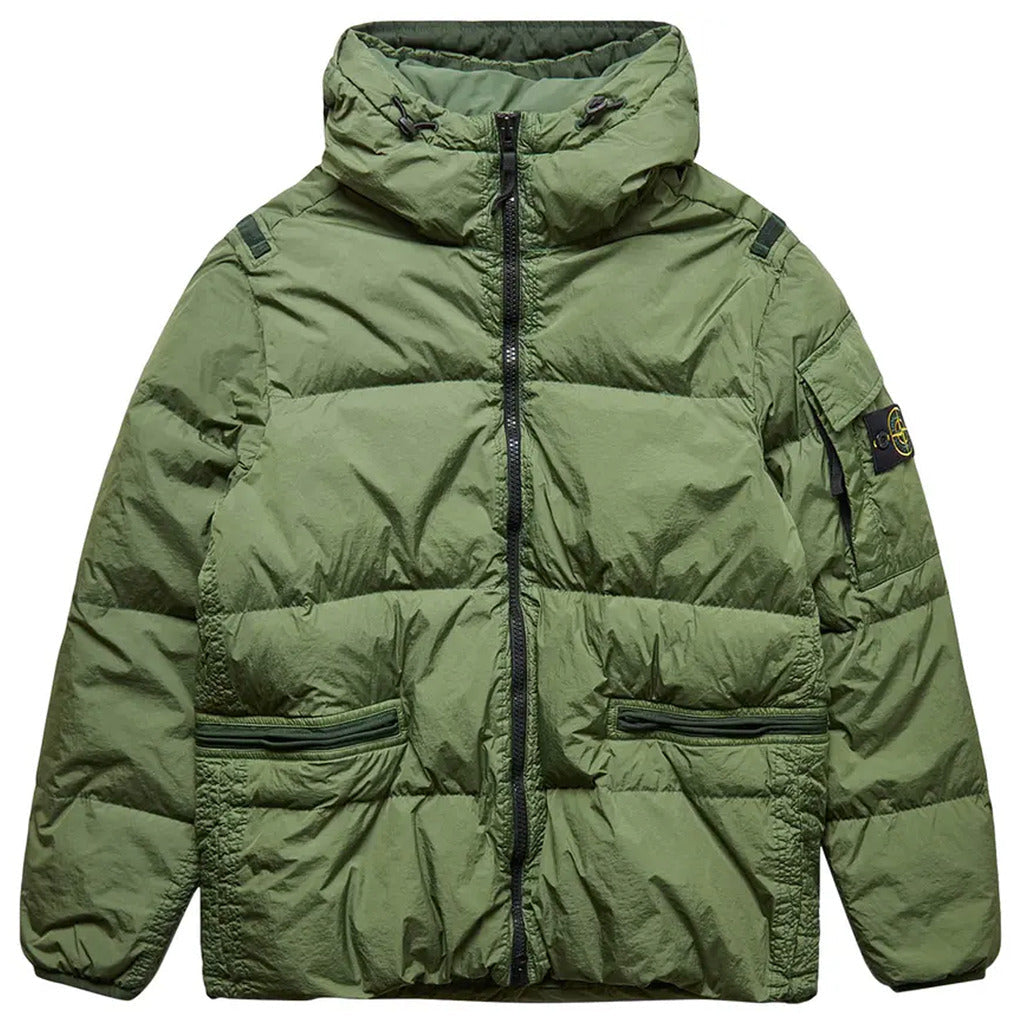 Stone Island green garment dyed nylon down hooded jacket, front view.
