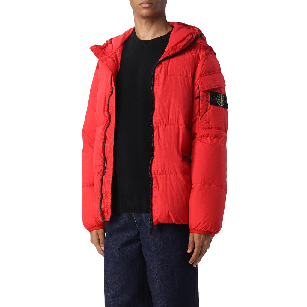 Stone Island red garment dyed nylon down hooded jacket, front view.
