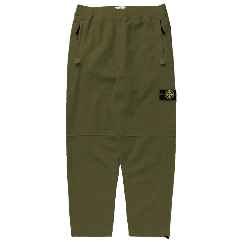 Close view of the Stone Island green camouflage cotton blend fleece trousers.
