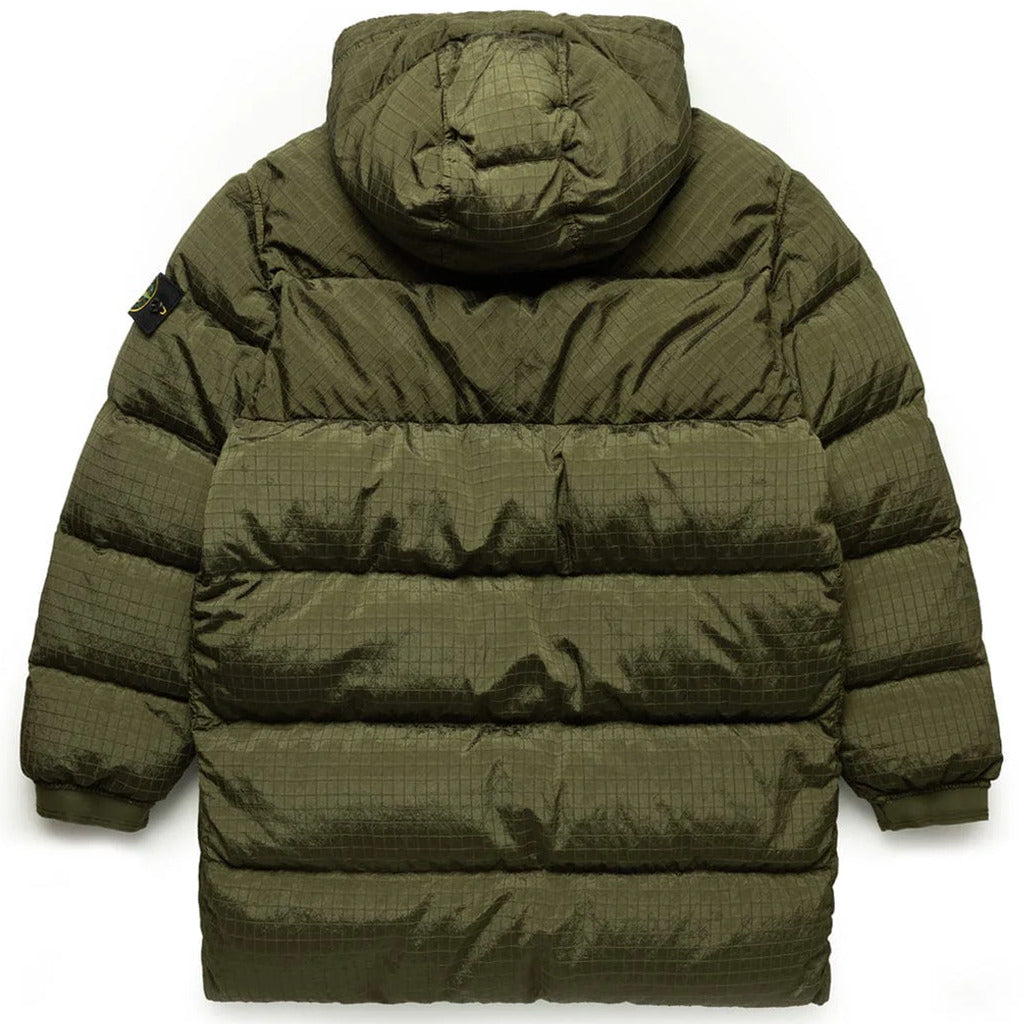 Back view of the Stone Island green down filled parka featuring Nylon Metal fabric.
