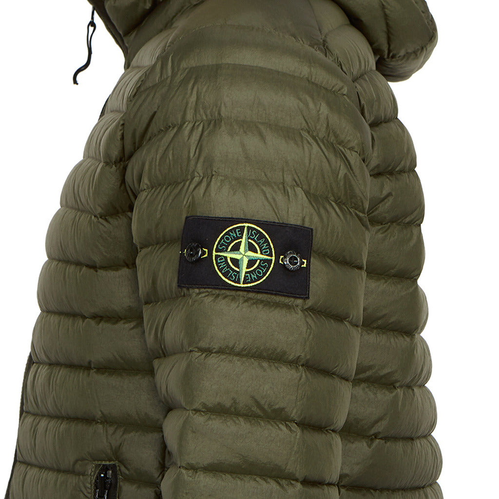 Double-slider zipper closure detail on the Stone Island green nylon jacket.
