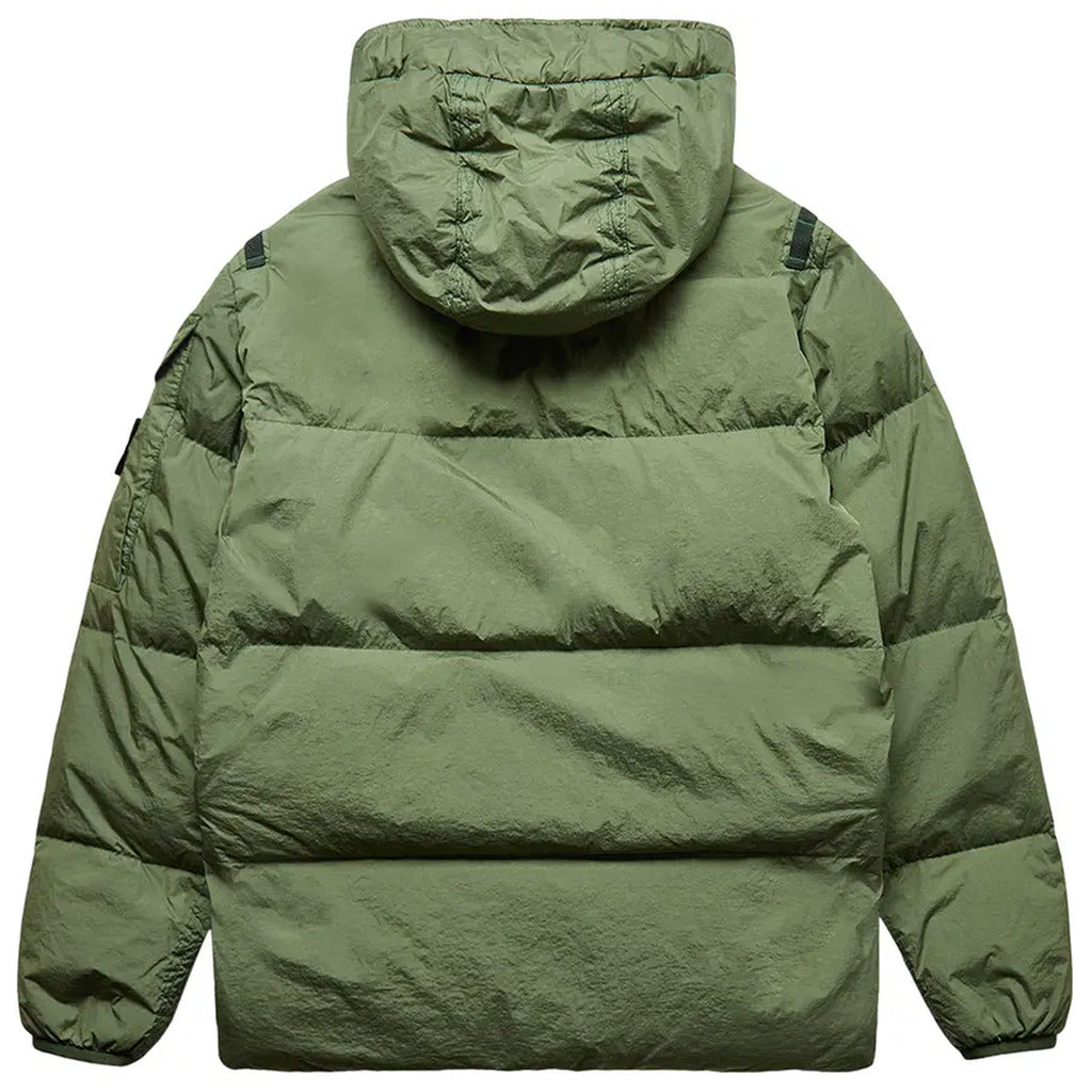 Back view of the Stone Island green garment dyed nylon puffer jacket.