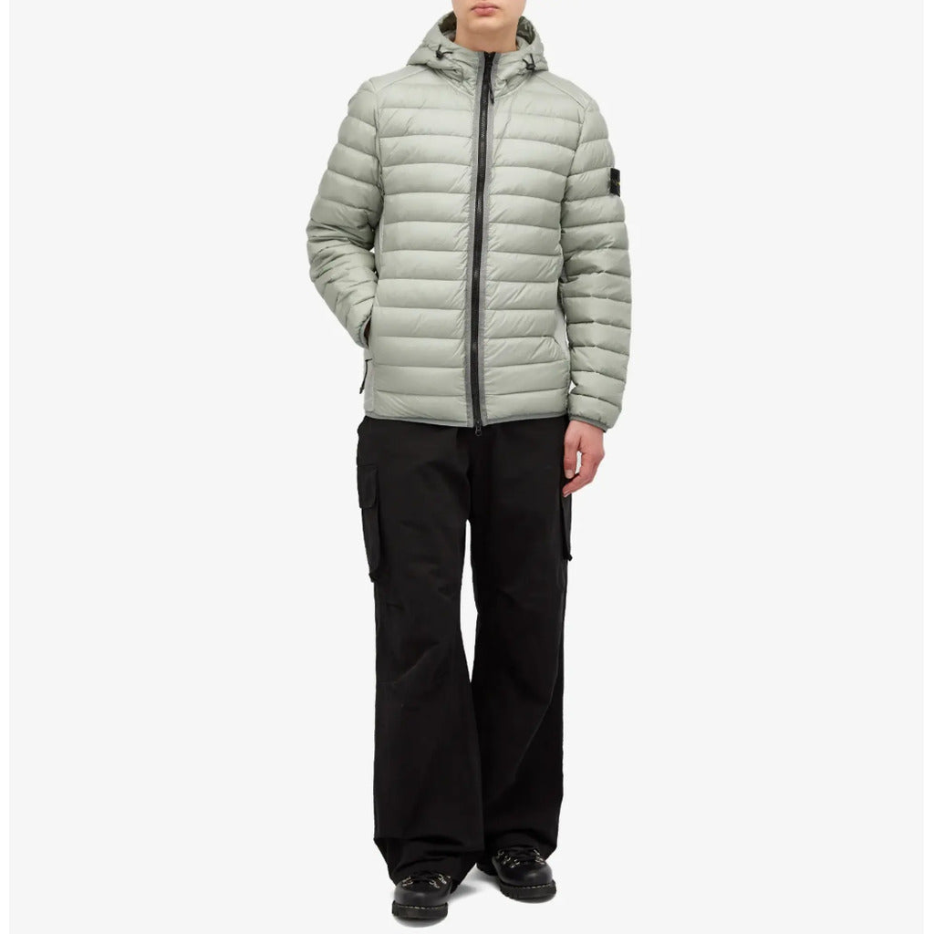 Double-slider zipper closure detail on the Stone Island grey nylon jacket.