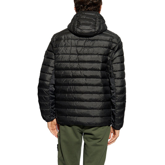 Back view of the Stone Island black hooded down puffer jacket.
