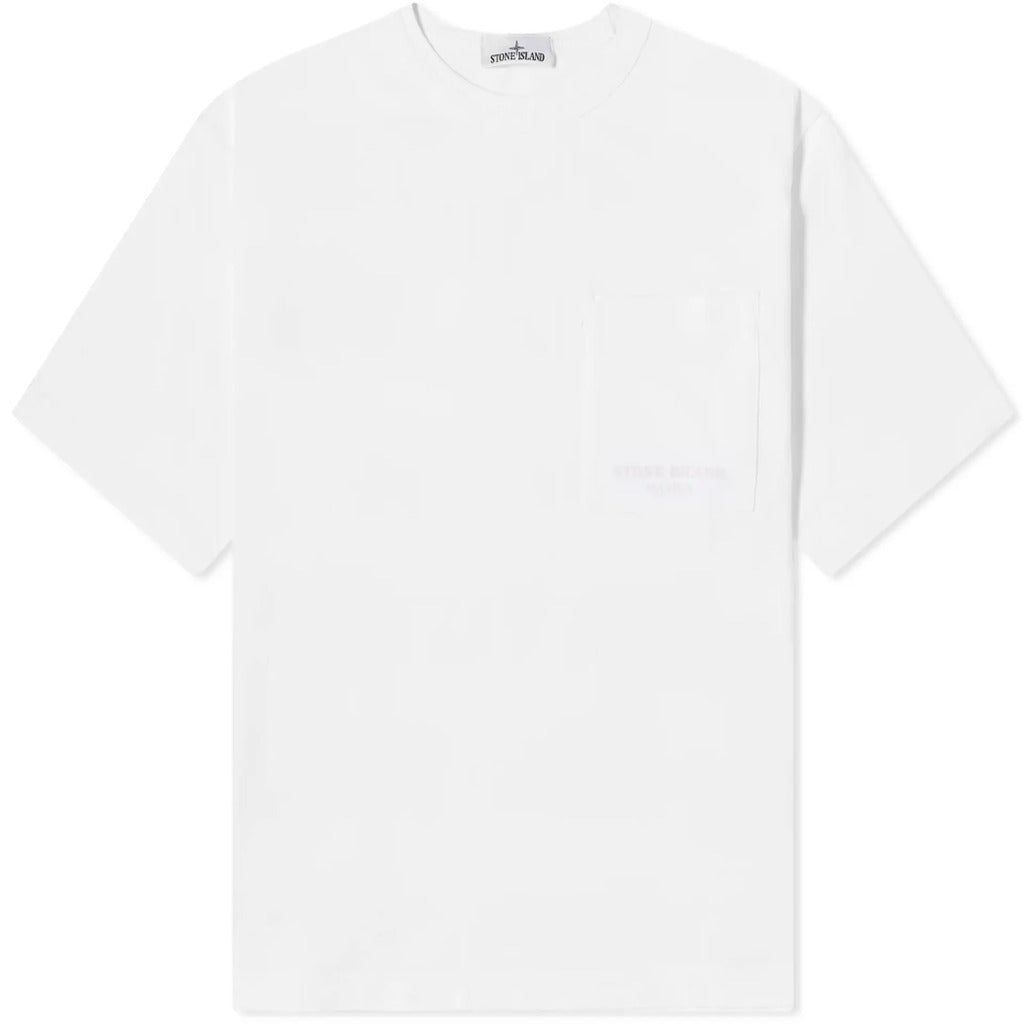 Stone Island Marina white cotton t-shirt with chest pocket, front view.
