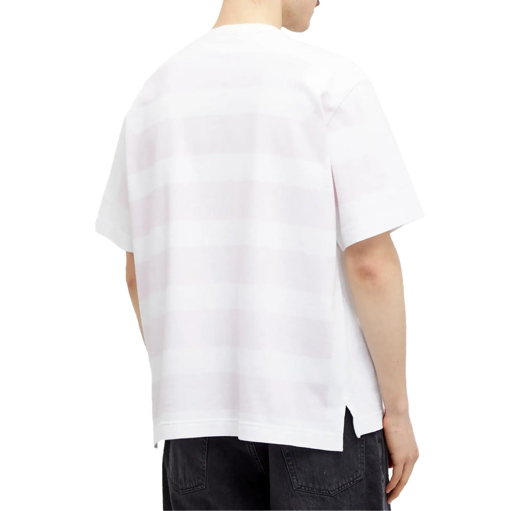 Back view of the Stone Island Marina white t-shirt showing pink striped print.
