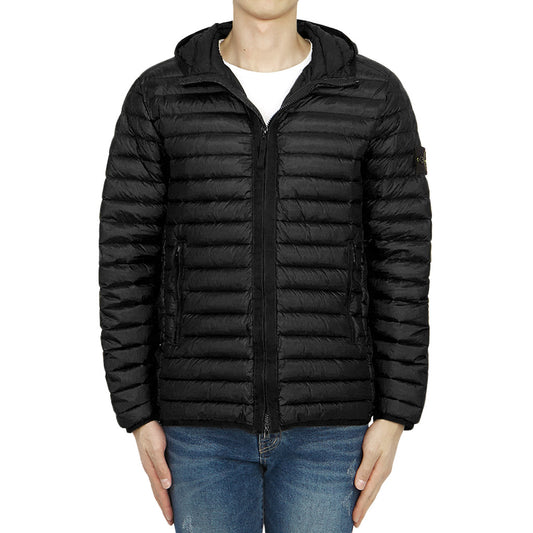 Stone Island black nylon padded duck down jacket, regular fit, front view.
