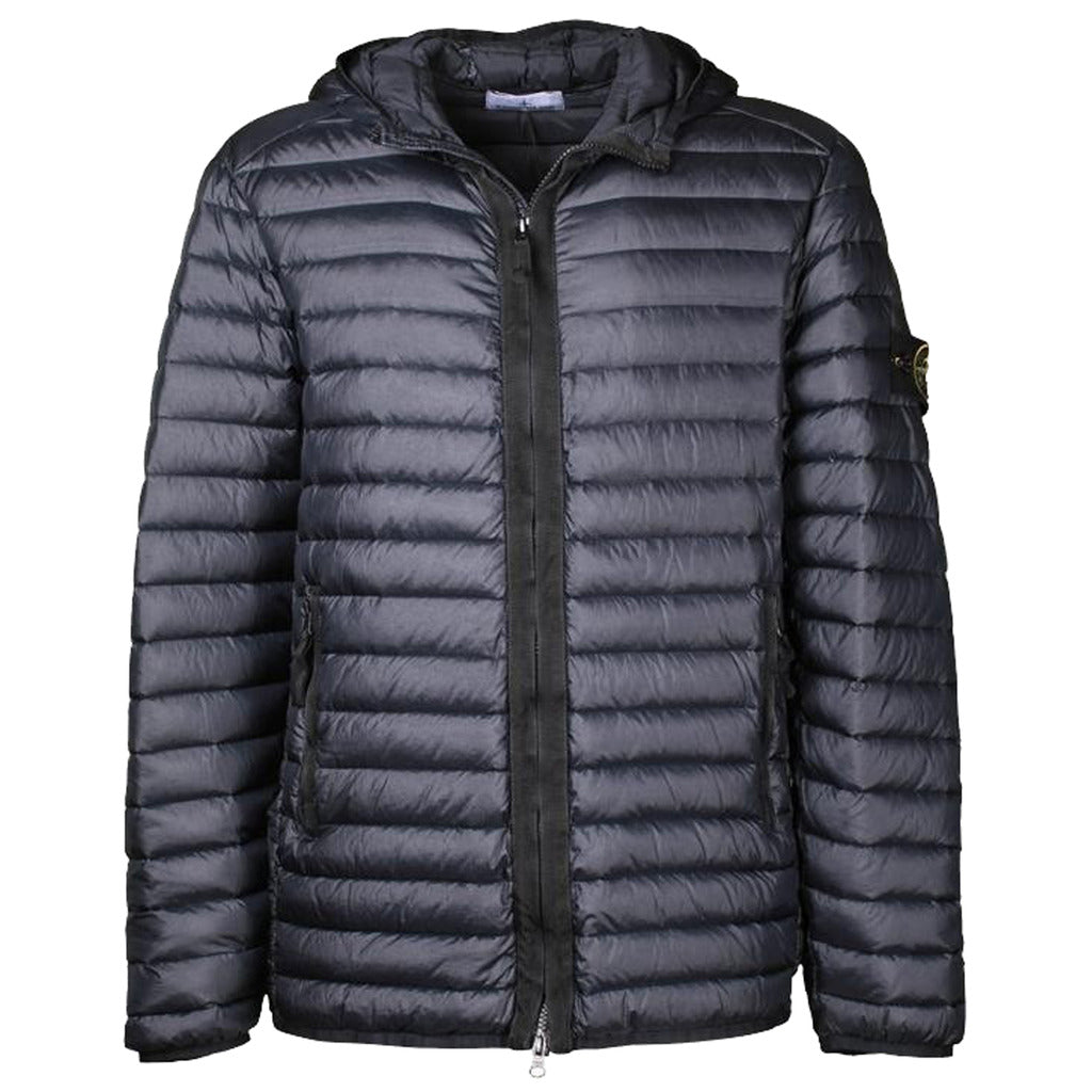 Stone Island blue nylon padded duck down jacket, regular fit, front view.
