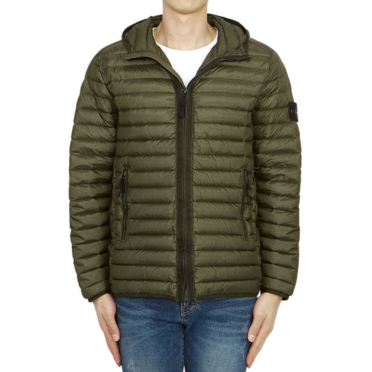 Stone Island green nylon padded duck down jacket, front view.

