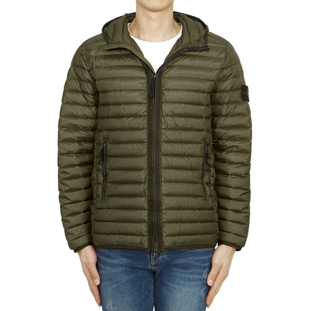 Stone Island green nylon padded duck down jacket, front view.
