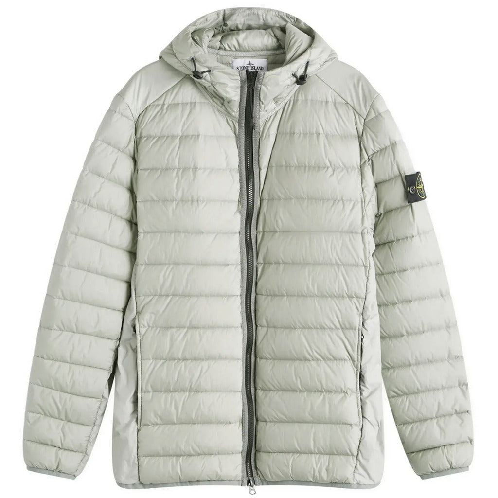Stone Island grey nylon padded duck down jacket, regular fit, front view.
