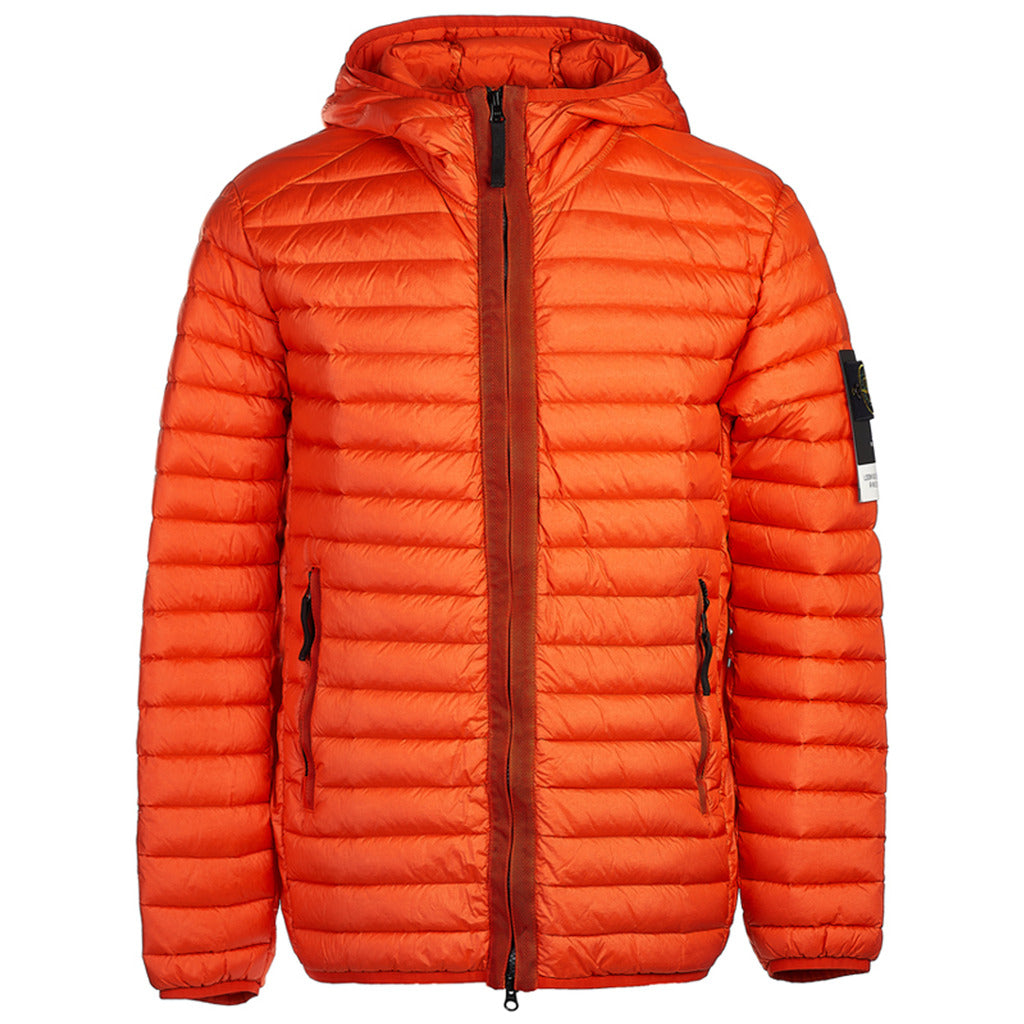 Stone Island orange nylon padded duck down jacket, regular fit, front view.